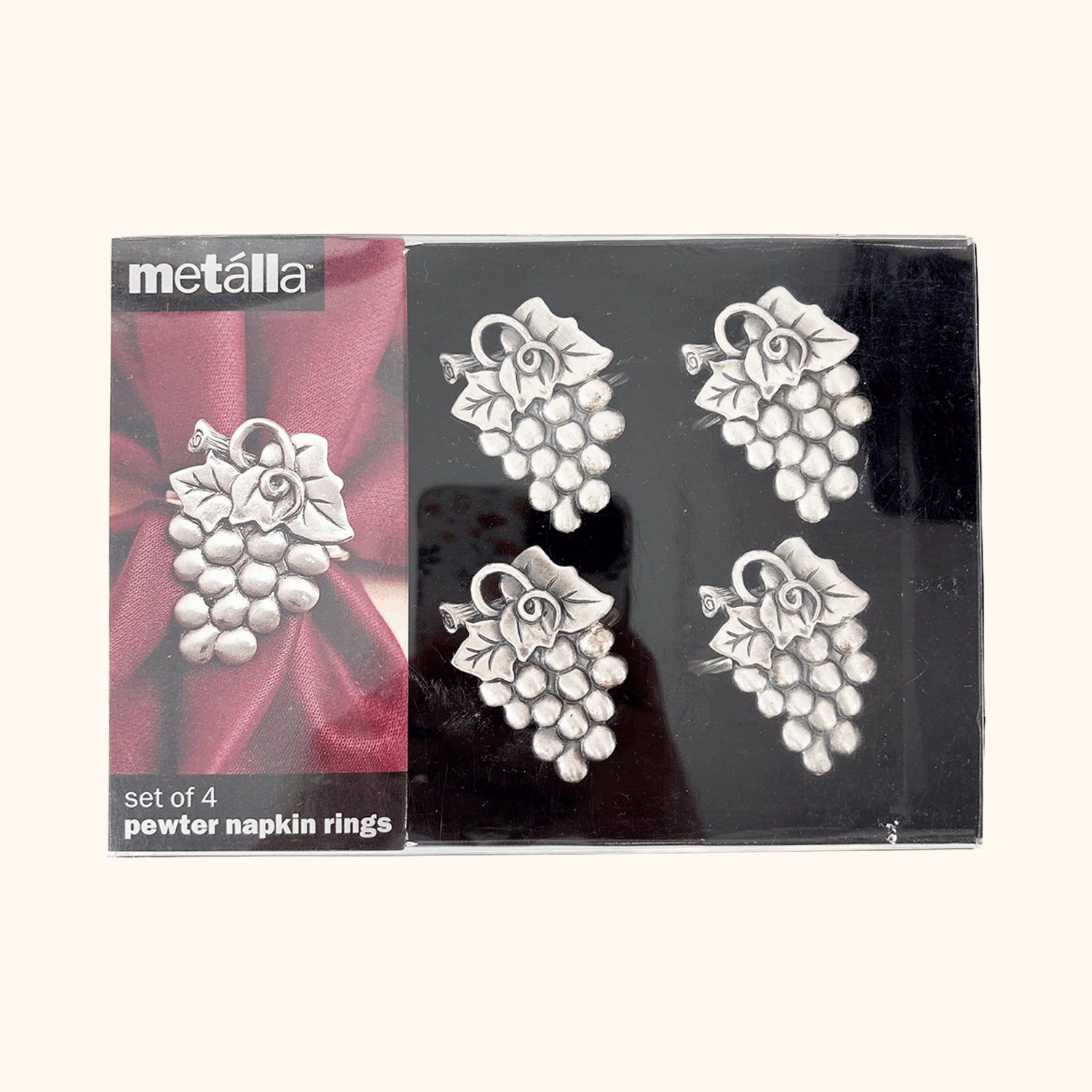Vintage 1990s Metalla Pewter Grapes Napkin Rings Set of 4