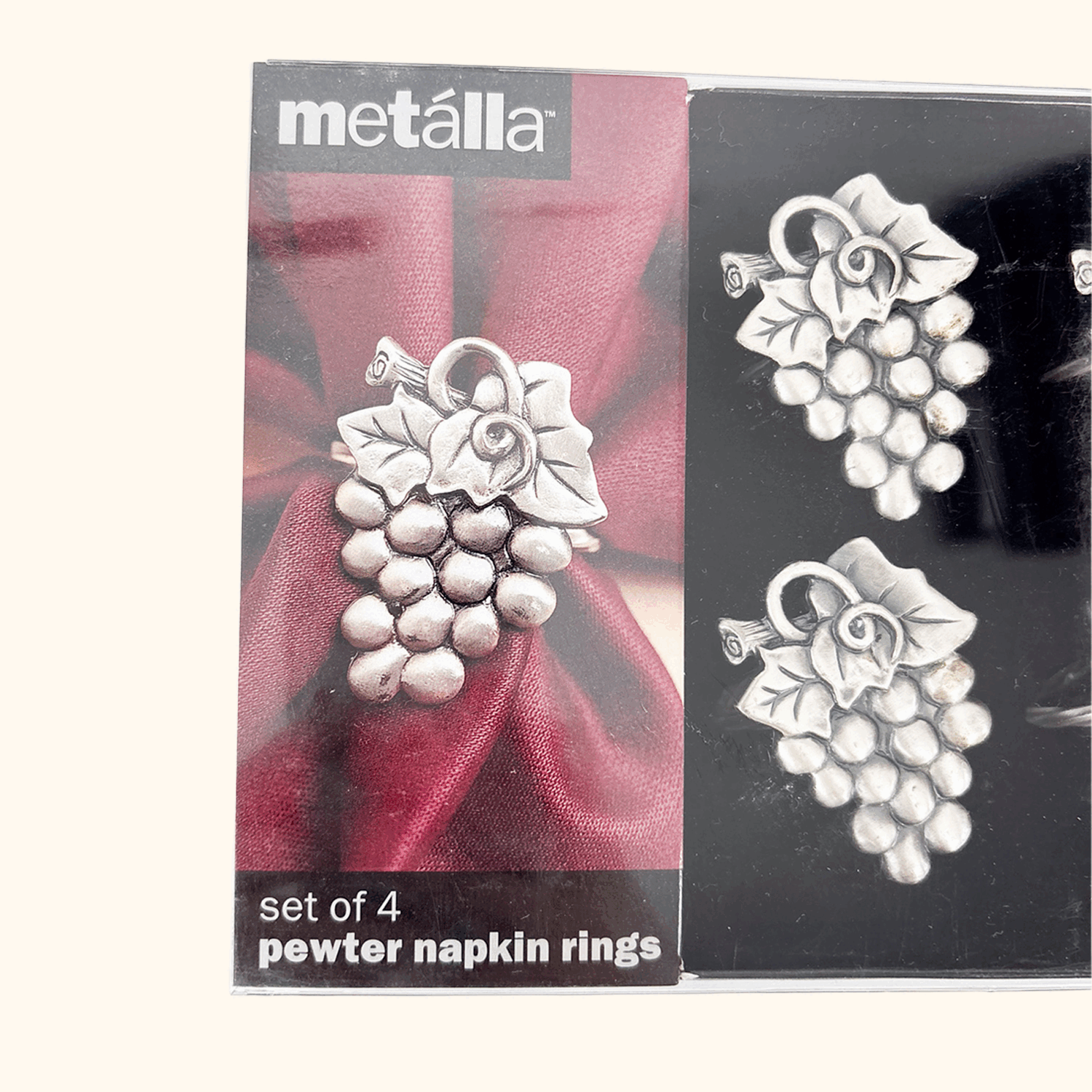 Vintage 1990s Metalla Pewter Grapes Napkin Rings Set of 4