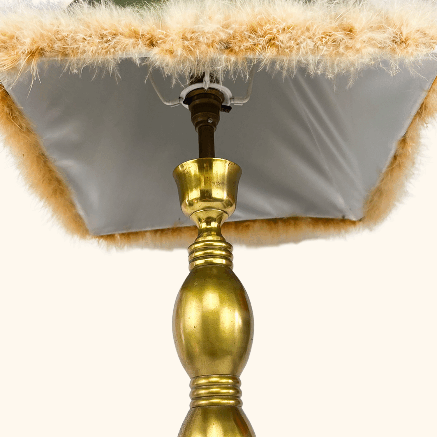Tall Brass Table Lamp with Green Silk Feather Shade