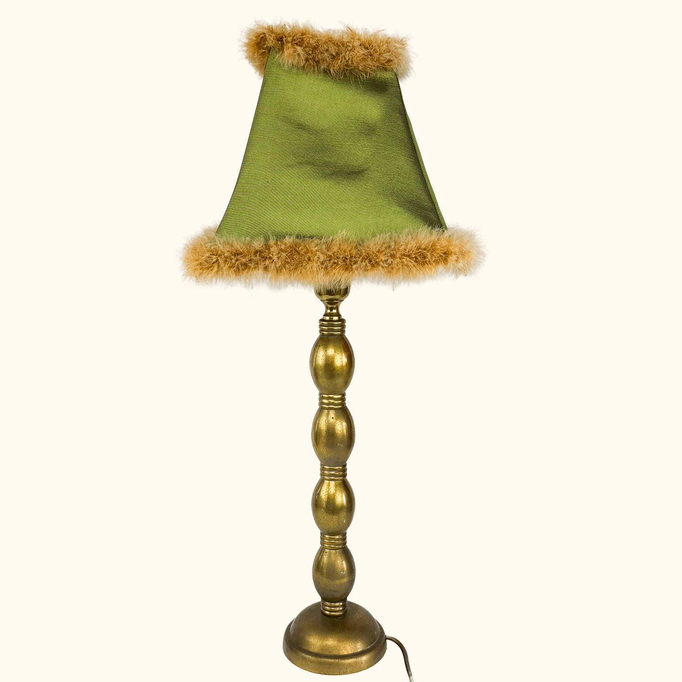 Tall Brass Table Lamp with Green Silk Feather Shade