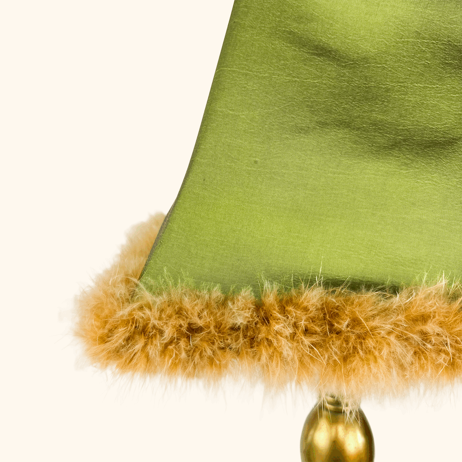 Tall Brass Table Lamp with Green Silk Feather Shade