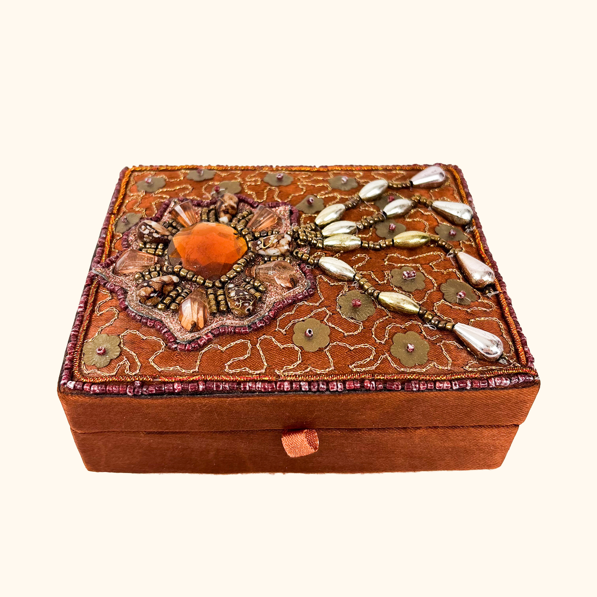 Brown Silk Beaded Jewellery Box