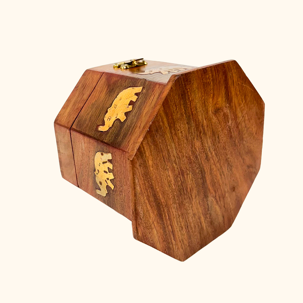 Octagonal Wood Jewellery Box Elephant Brass Inlay