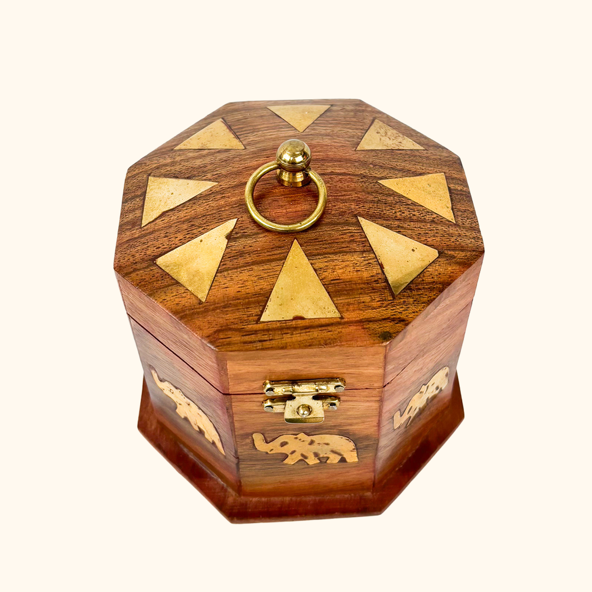 Octagonal Wood Jewellery Box Elephant Brass Inlay