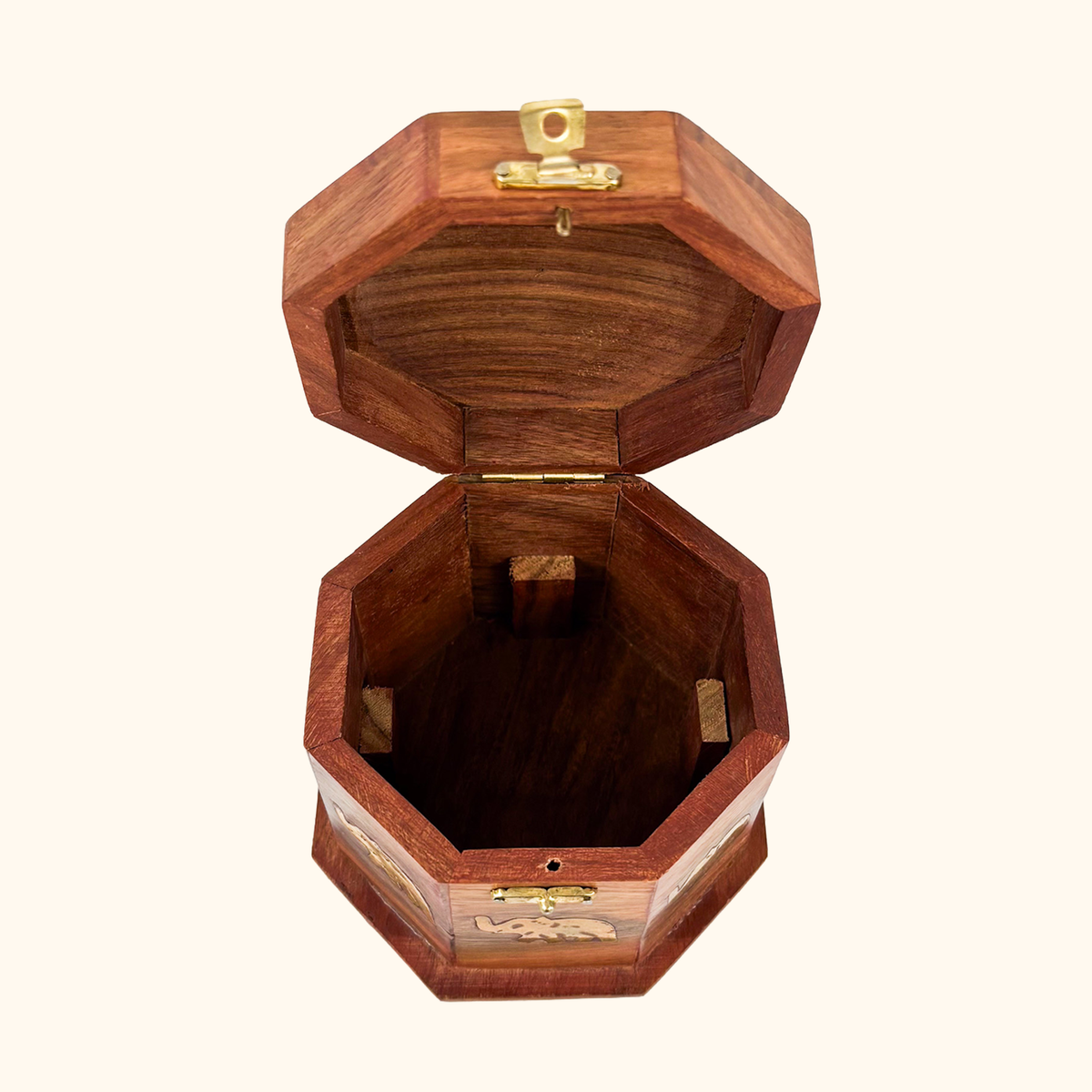 Octagonal Wood Jewellery Box Elephant Brass Inlay