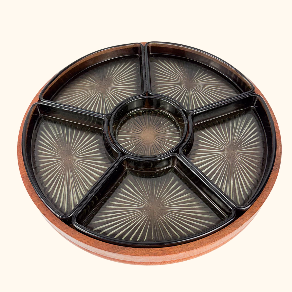 Vintage 1970s Lazy Susan Teak Rotating Section Plate