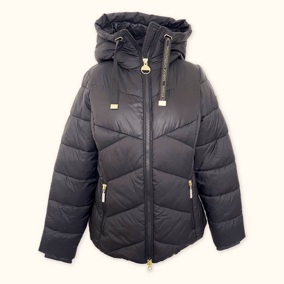 Barbour Black Down Padded Puffer Coat with Hood - Size 12 Barbour