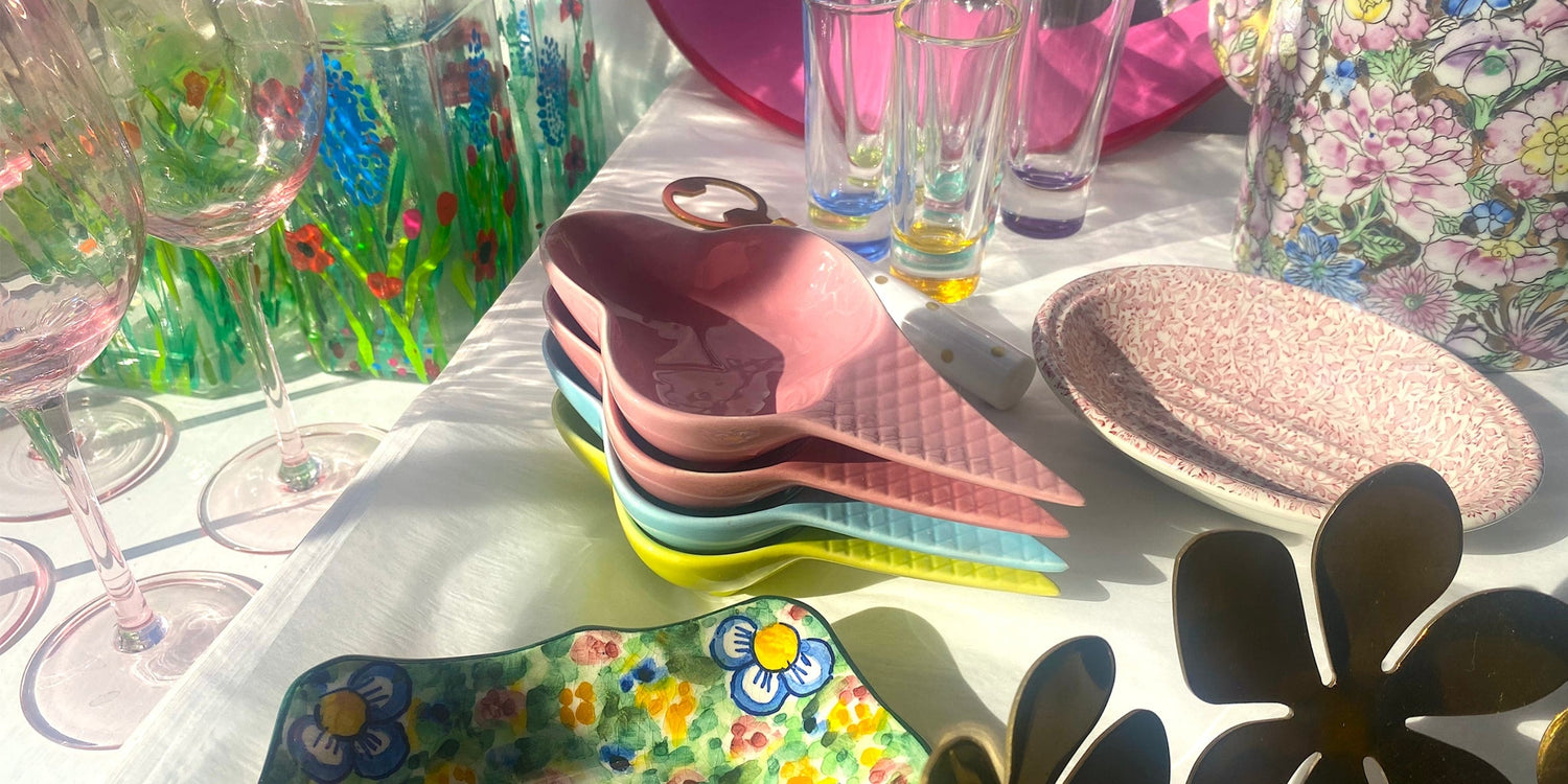 sunshine thrift collection image for practical home decor showing colourful afibel ice cream dishes in the sun