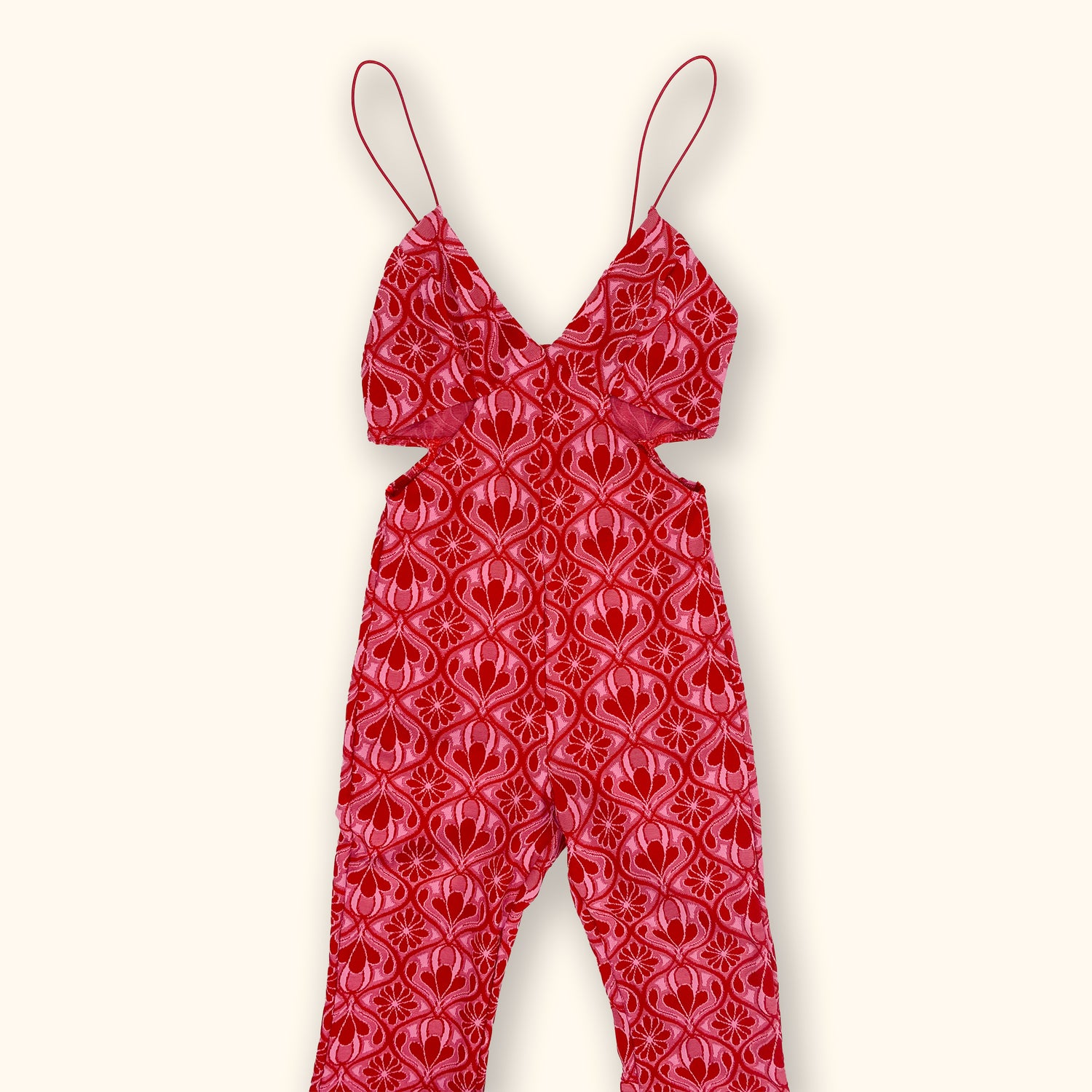 Zara Pink and Red Flower Cut Out Flared Jumpsuit - Size Small - Zara - Jumpsuit