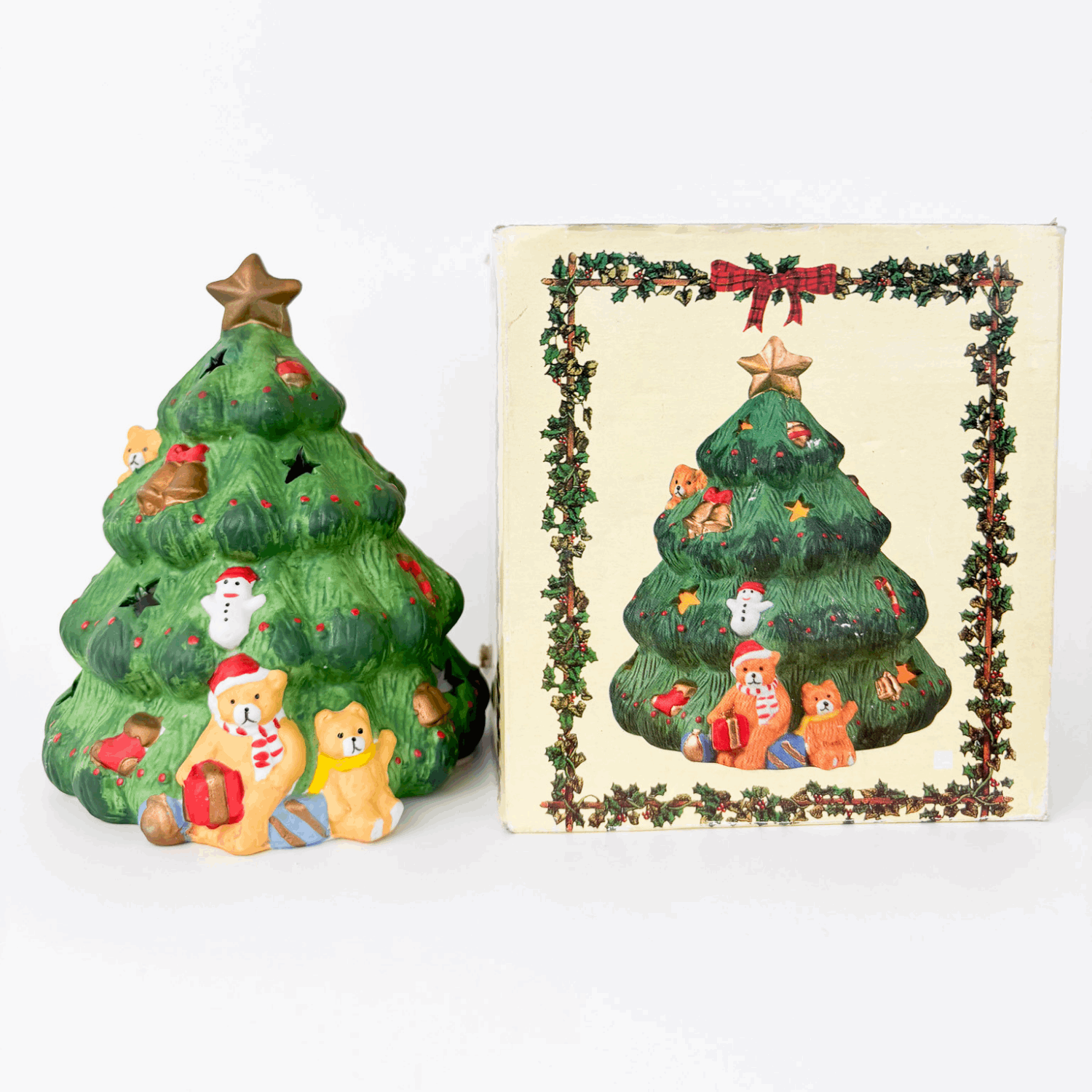 Vintage Christmas Tree Ceramic Tea Light Candle Holder Boxed Sunshine Thrift