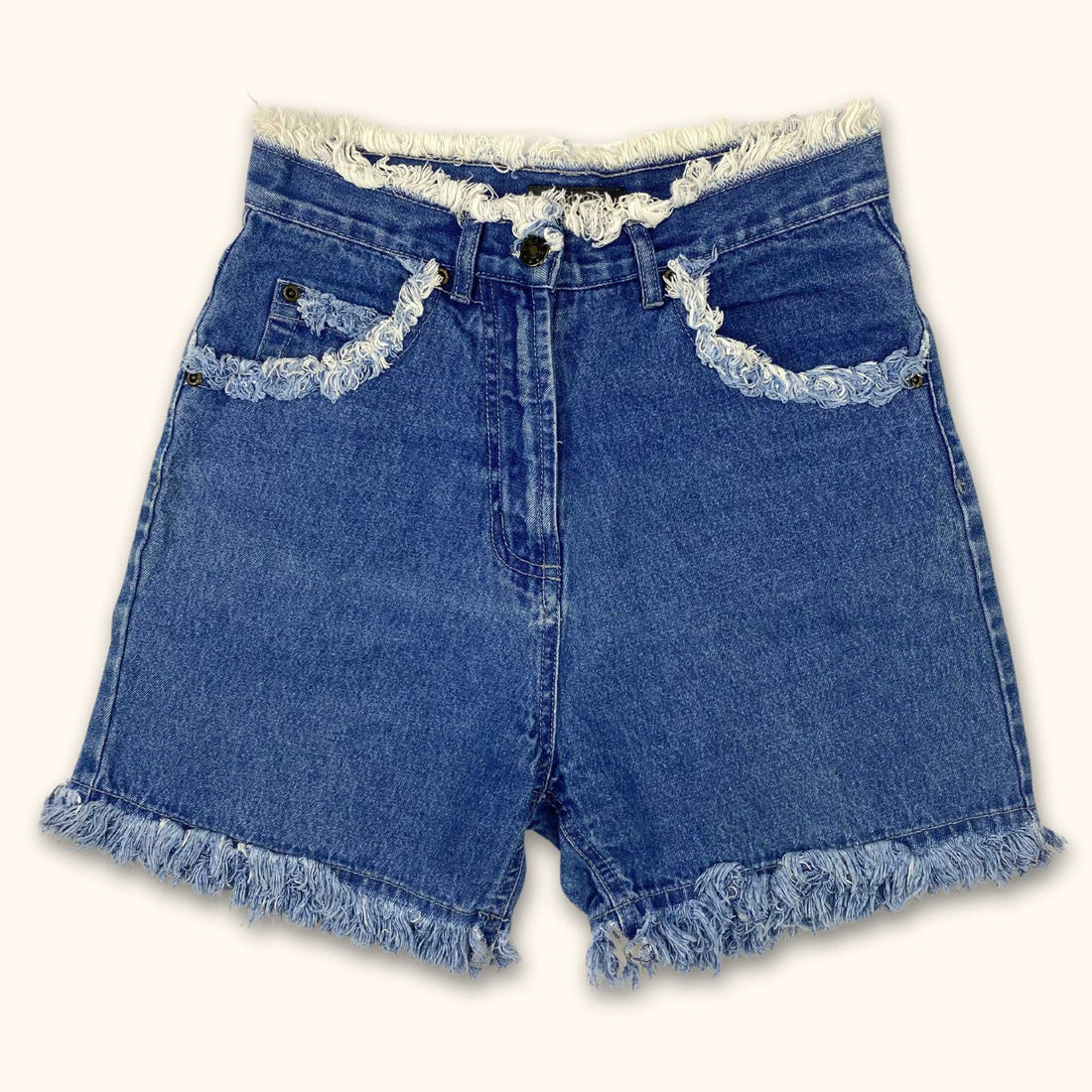 High Waisted Blue Denim Frayed Shorts - Size Small - Emonite Classic - Shorts