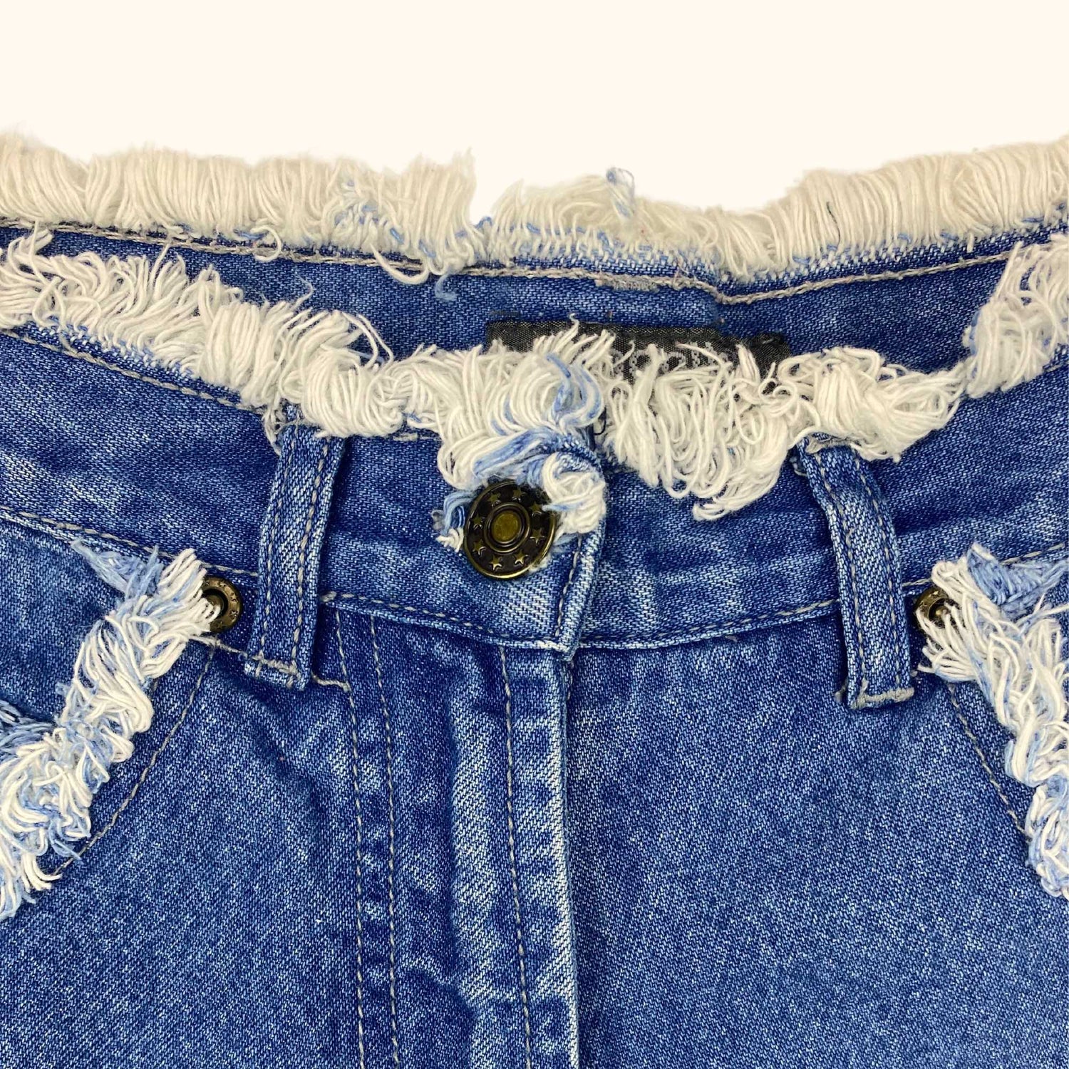 High Waisted Blue Denim Frayed Shorts - Size Small - Emonite Classic - Shorts