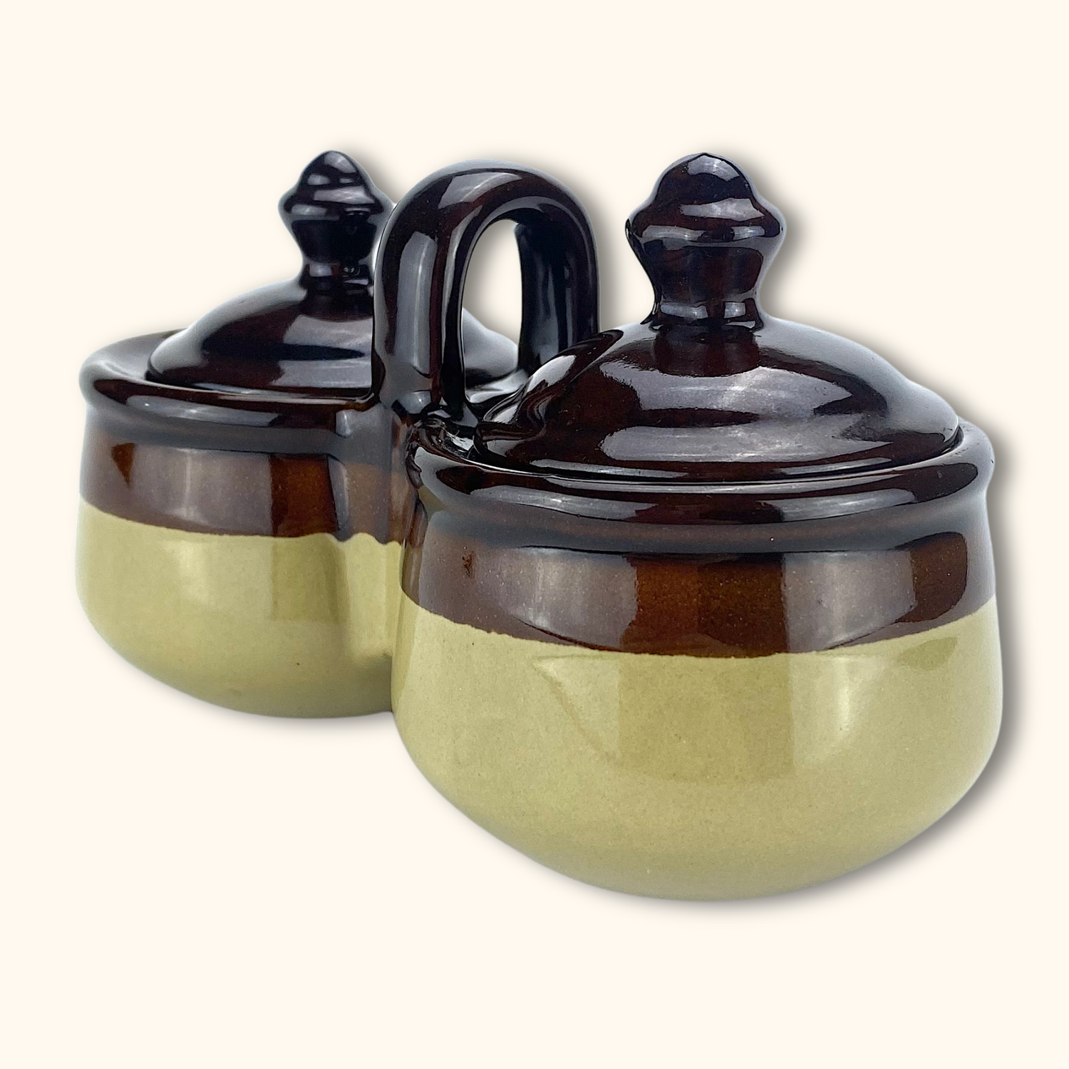 Vintage Stoneware Two-Tone Condiment Caddy with Lids - Sunshine Thrift - Kitchenware
