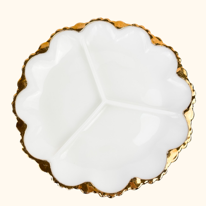 Vintage 1960s Anchor Hocking Milk Scallop Divided Glass Plate Anchor Hocking