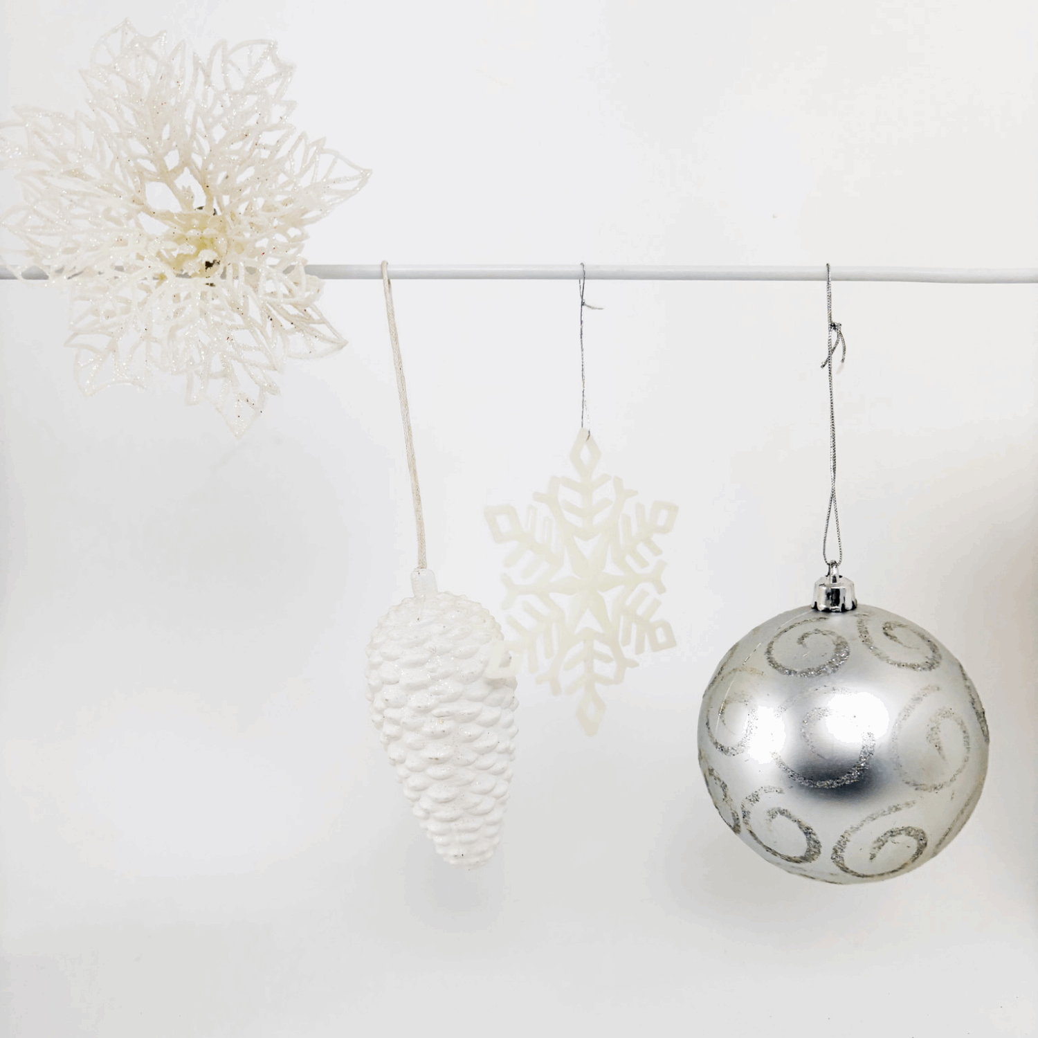 Silver and White Christmas Tree Decorations Mixed Set of 8 Sunshine Thrift