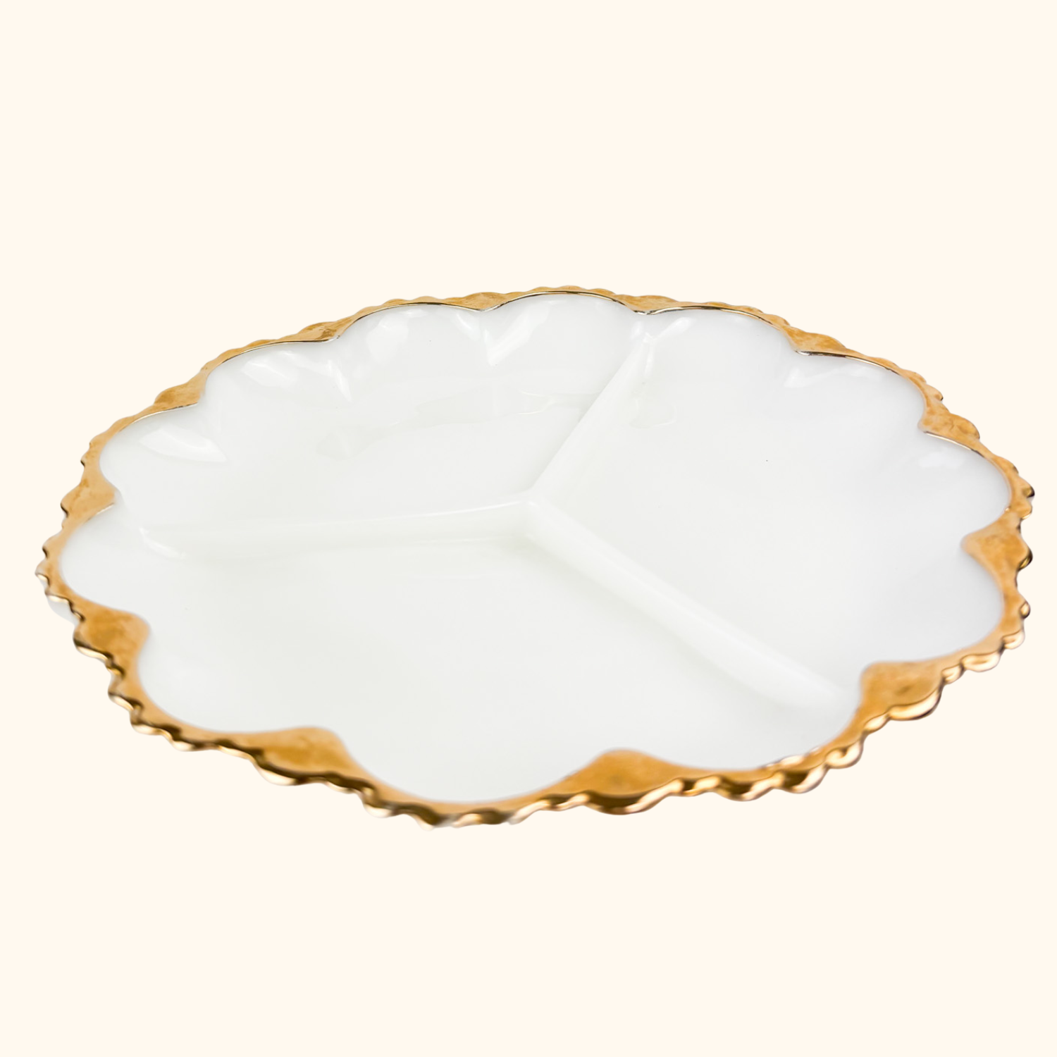 Vintage 1960s Anchor Hocking Milk Scallop Divided Glass Plate Anchor Hocking