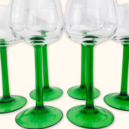 Vintage French Green Stem Wine Glasses - Set of 6