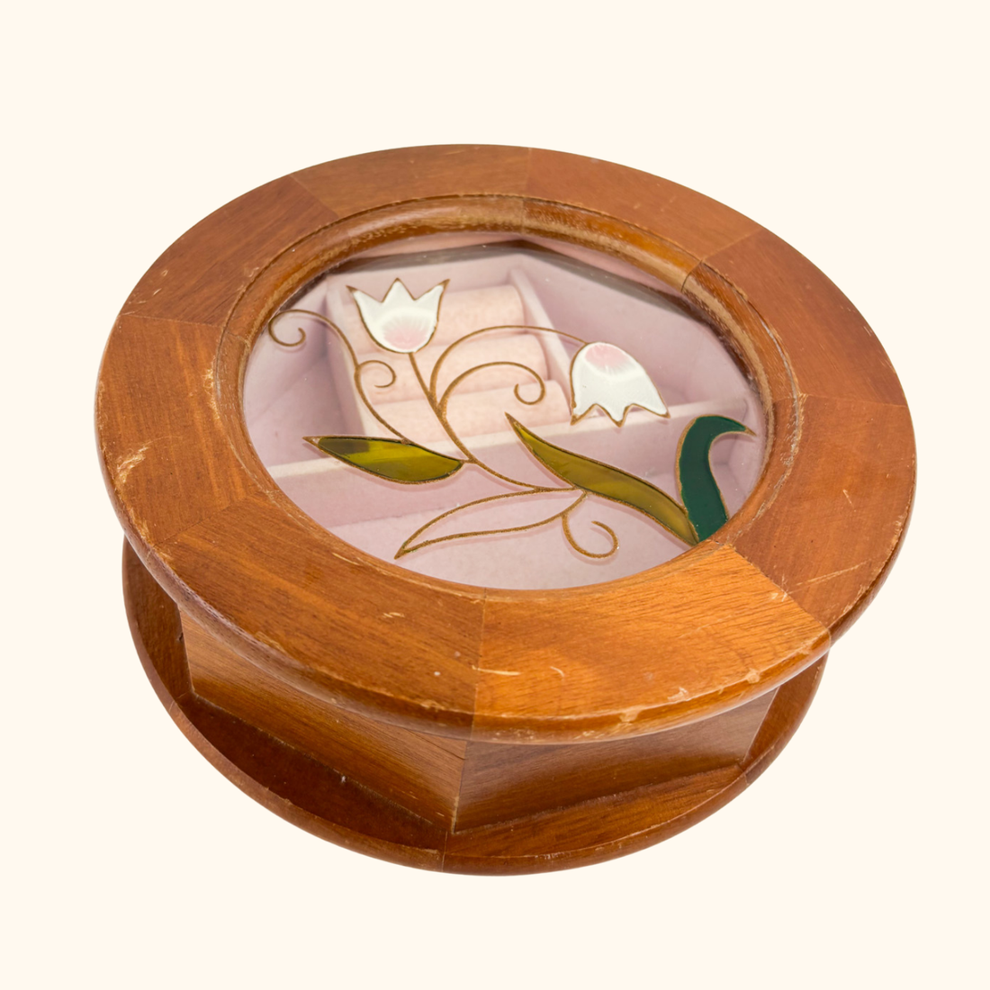 Vintage Wooden Octagon Stained Glass Jewellery Box Sunshine Thrift