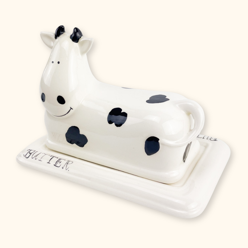 Hand Painted Ceramic Cow Butter Dish with Lid
