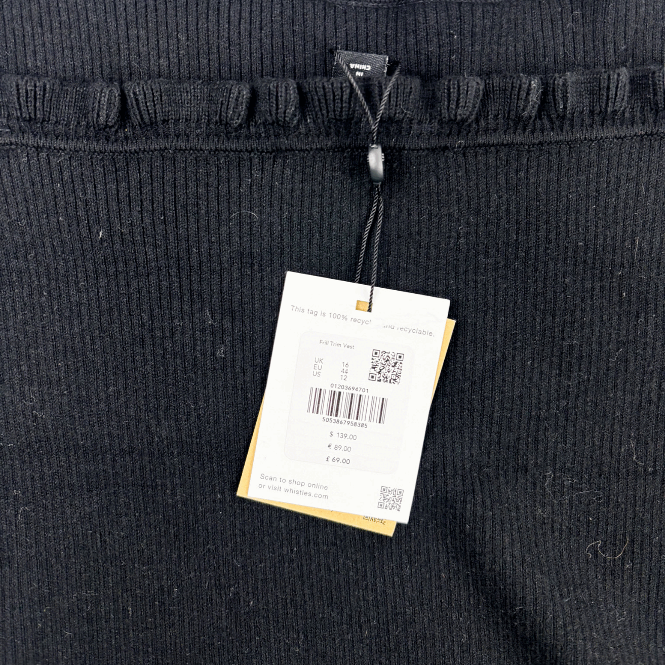 Whistles Black Stretch Frill Vest - Size 16 Whistles