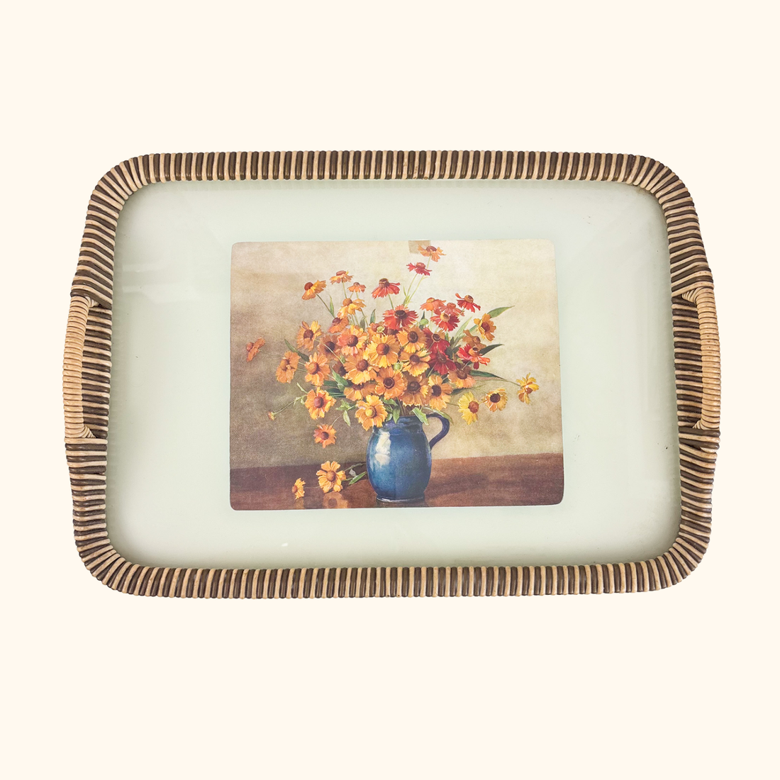 Vintage 1950s Floral Tray Rattan Style