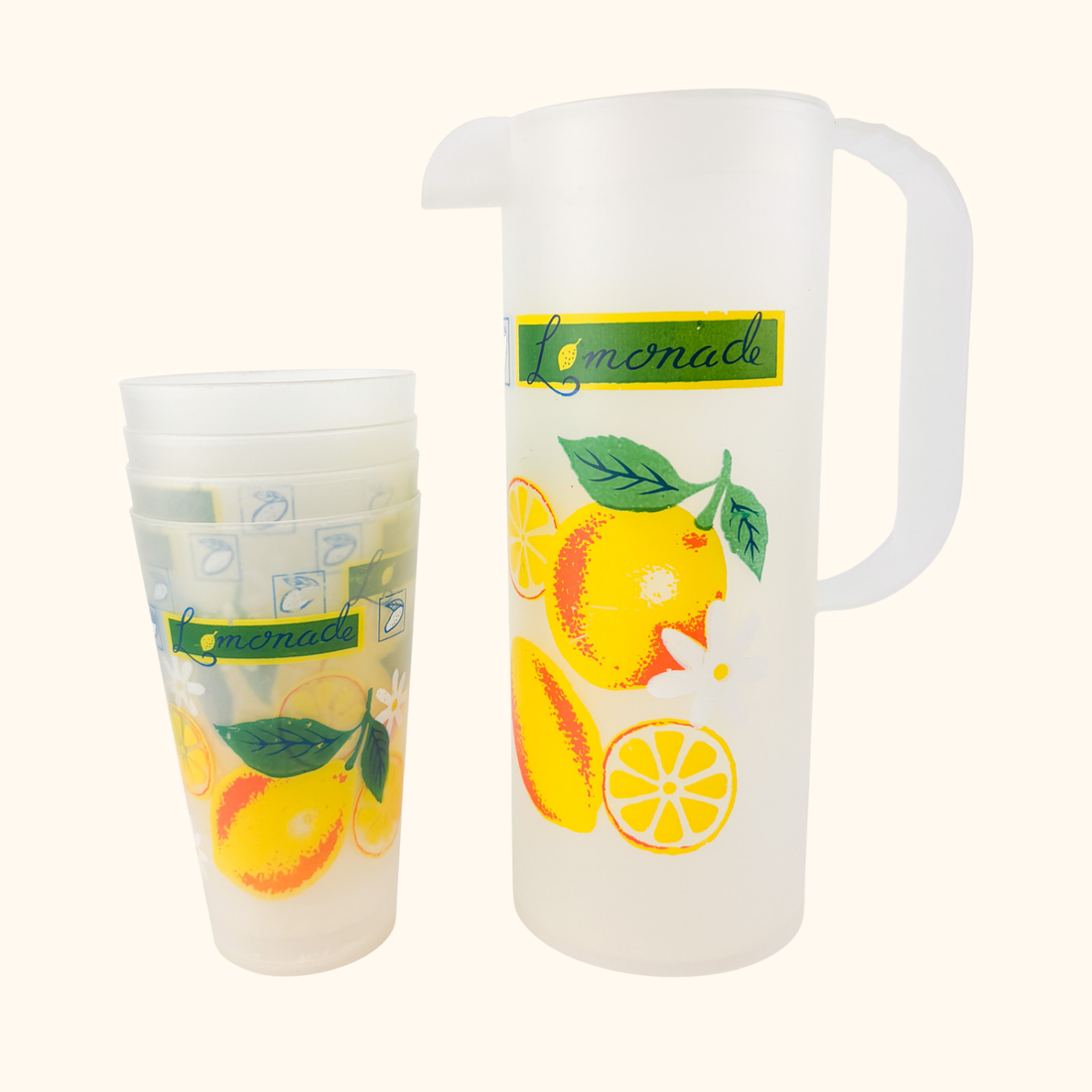 Plastic Lemon Pitcher Cup Set Vintage 1970s Sunshine Thrift