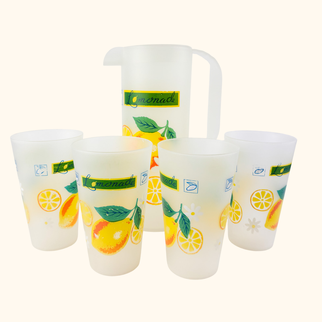 Plastic Lemon Pitcher Cup Set Vintage 1970s Sunshine Thrift