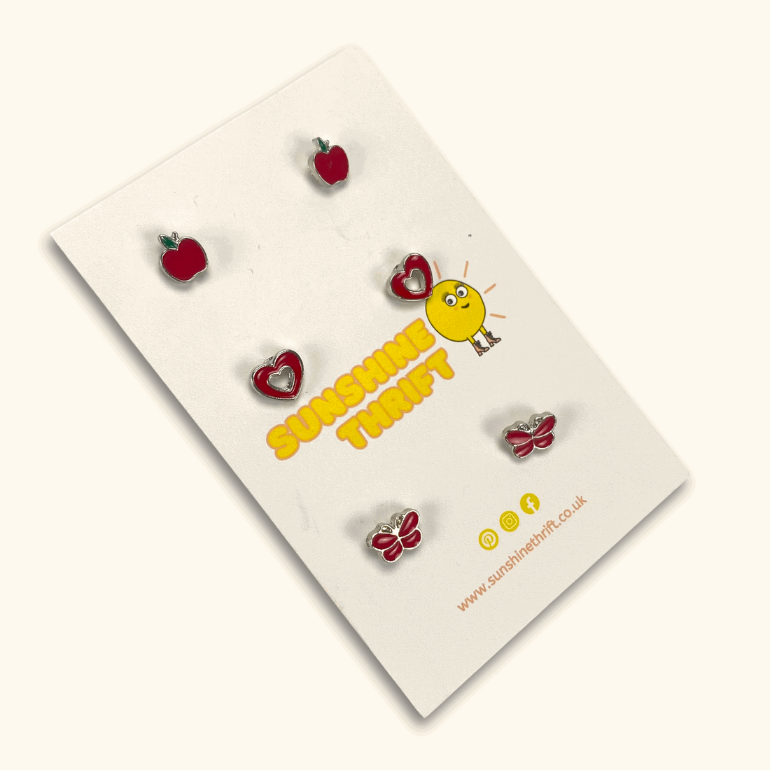 Red Apple Heart Butterfly Metal Silver Stud Earrings - Pack of Three - Sunshine Thrift - Jewellery