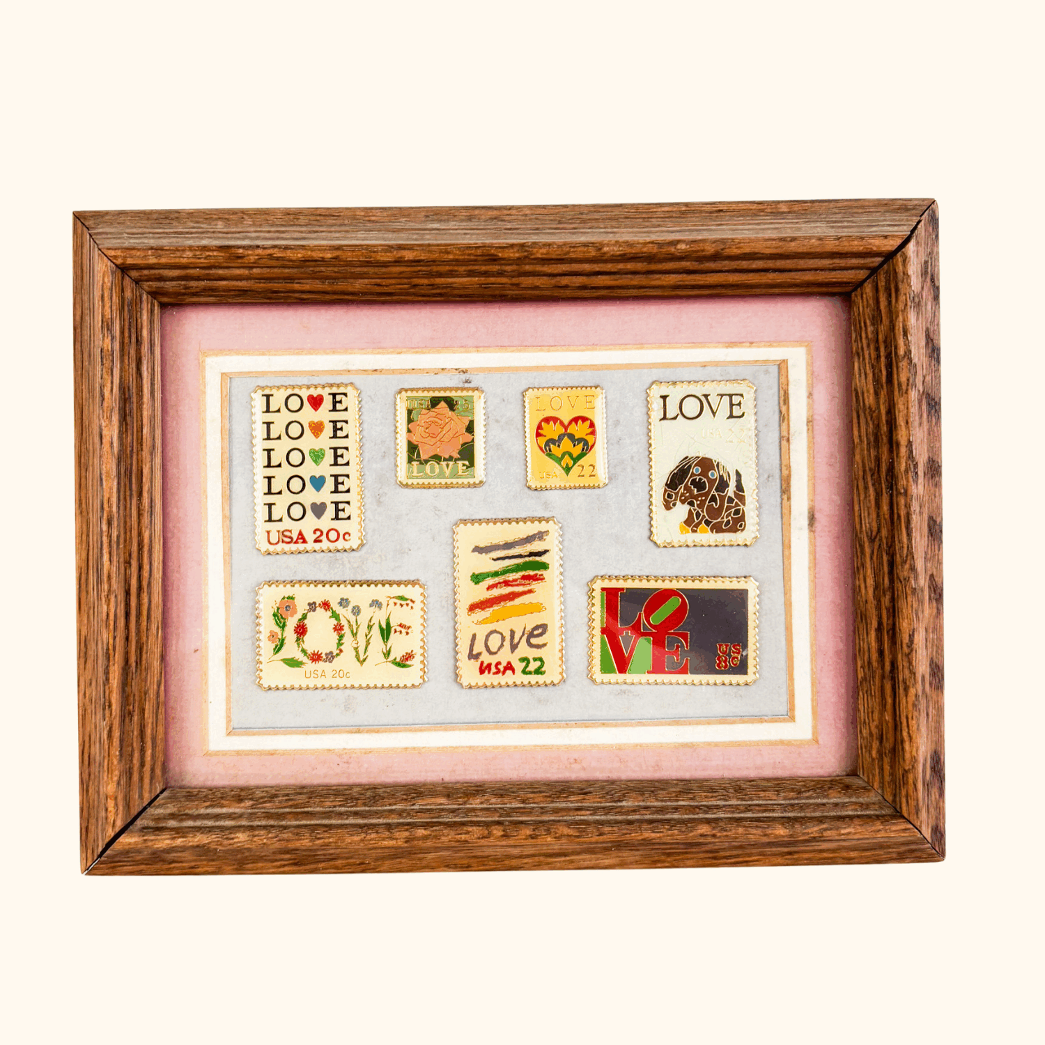 Vintage 1980s USA Love Enamel Postage Stamps Framed Sunshine Thrift
