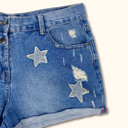 Blue High Waist Denim Shorts with Stars - Size 12