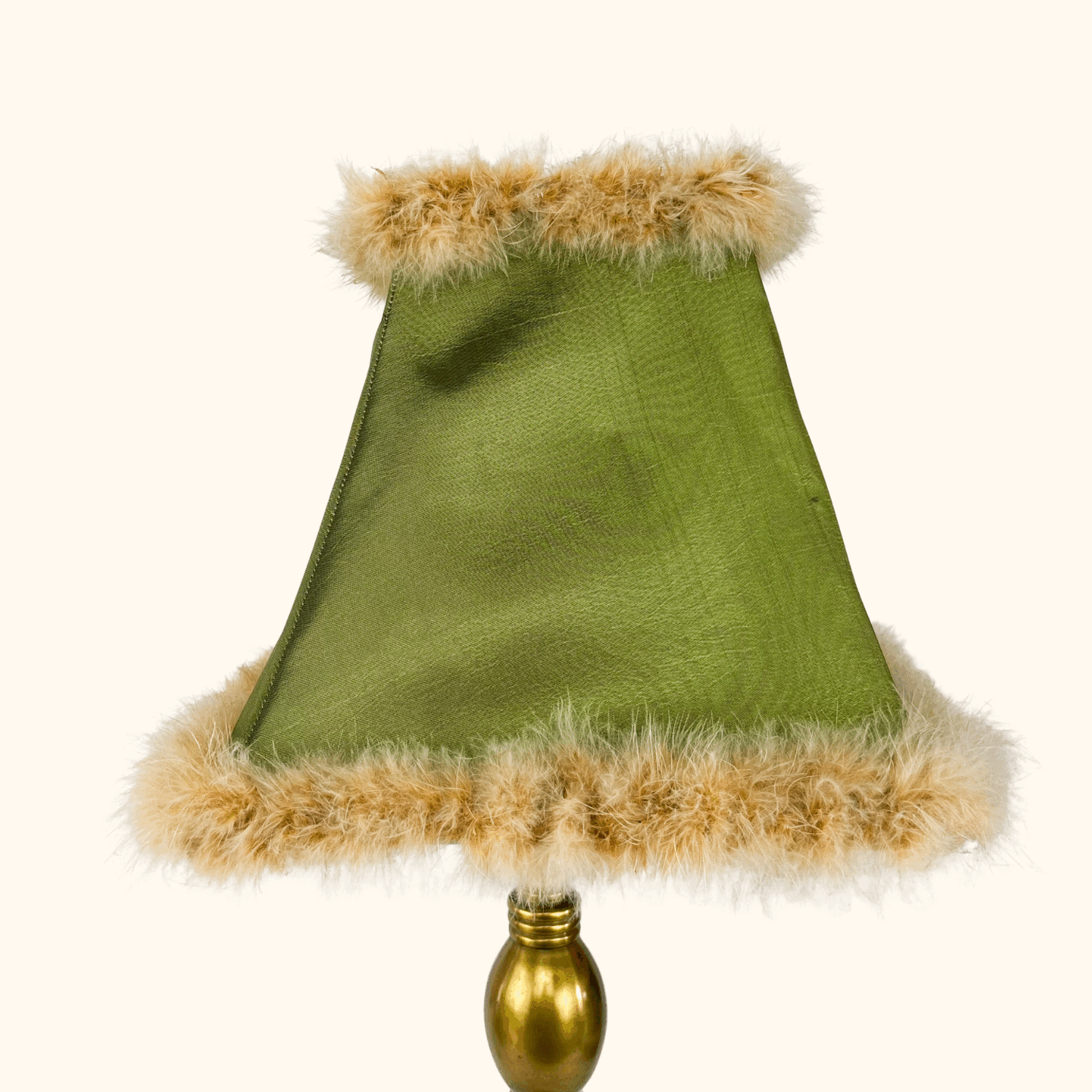 Tall Brass Table Lamp with Green Silk Feather Shade