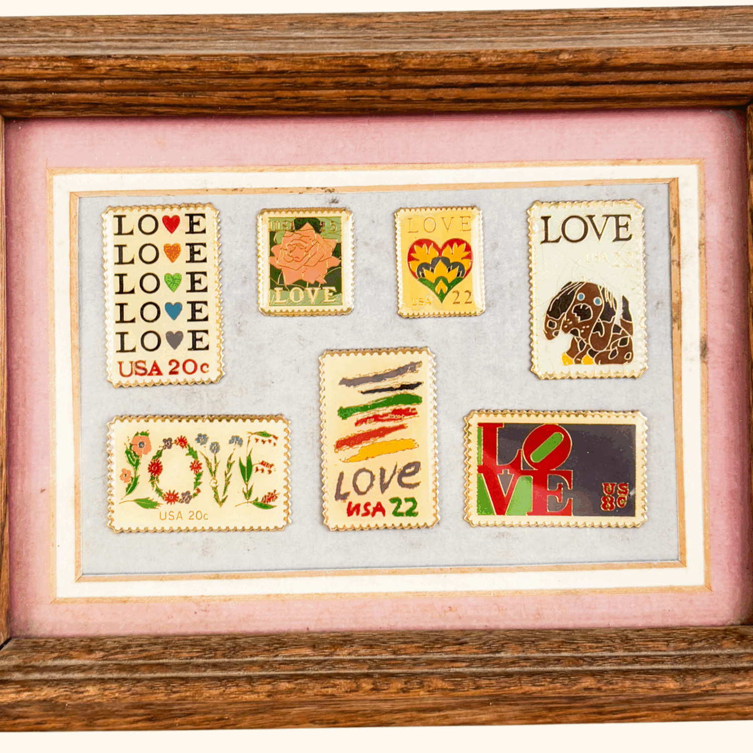 Vintage 1980s USA Love Enamel Postage Stamps Framed Sunshine Thrift