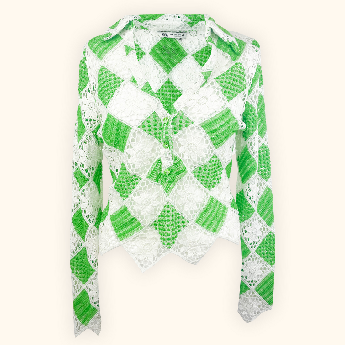Zara Green and White Floral Crochet Long Sleeve Shirt - Size Medium