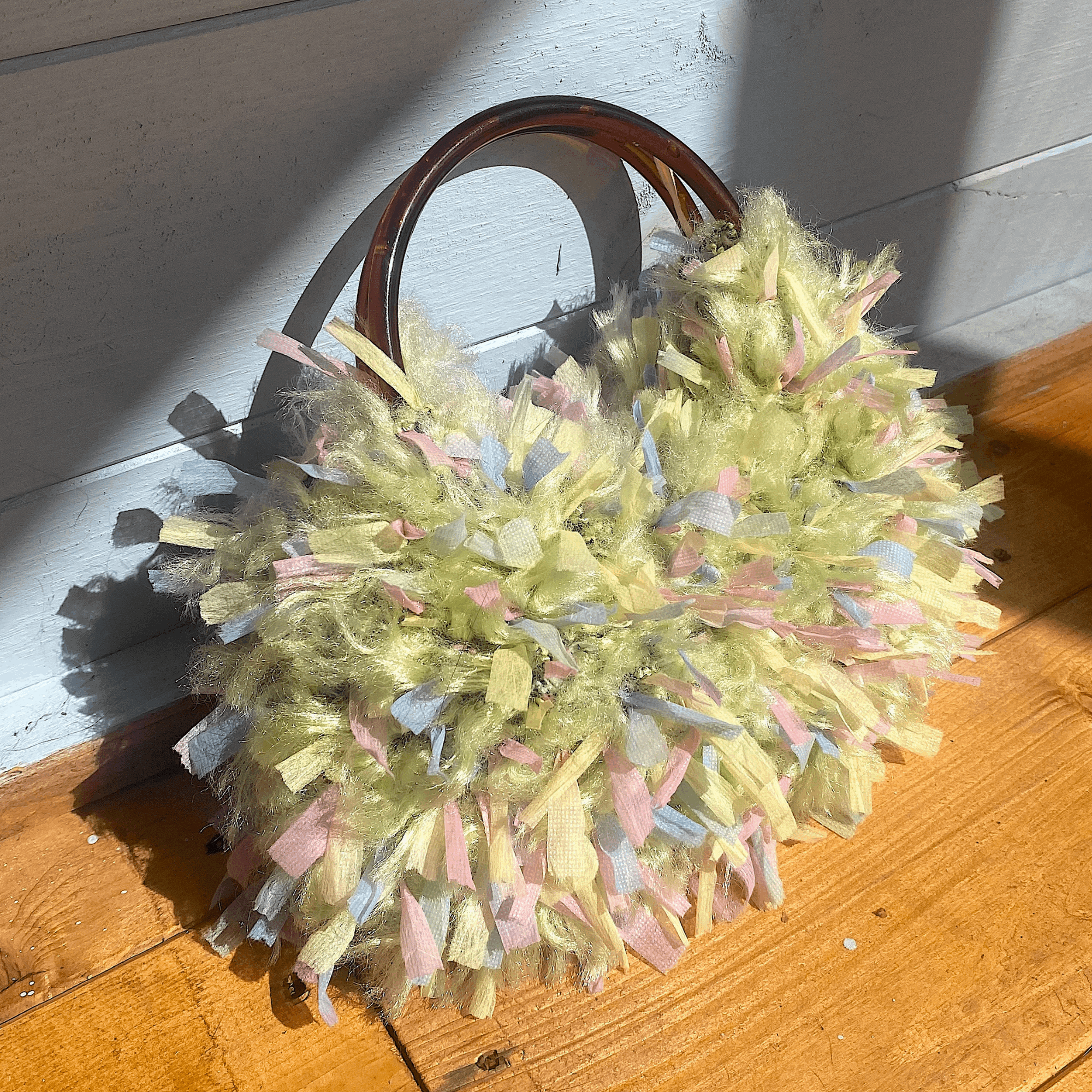 Handmade Fluffy Knitted Handbag with Brown Handle - Sunshine Thrift - Bags