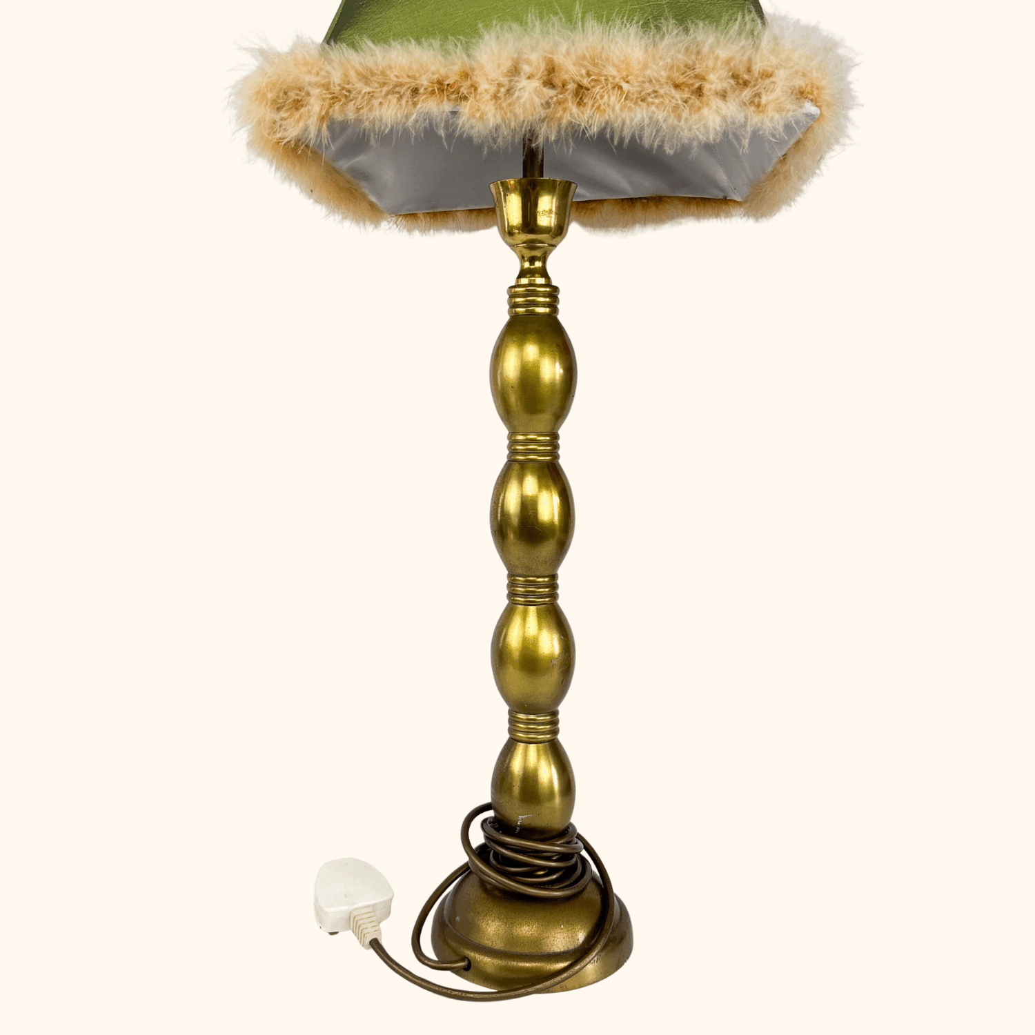 Tall Brass Table Lamp with Green Silk Feather Shade