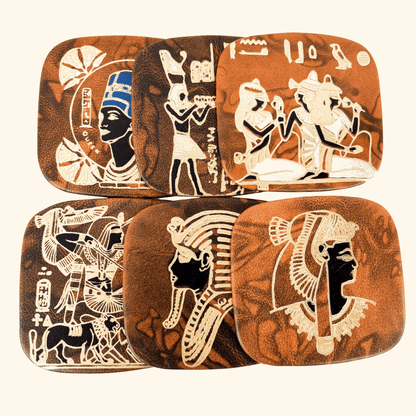 Vintage 1960s Egyptian Brown Leather Coasters - Set of 6 Sunshine Thrift