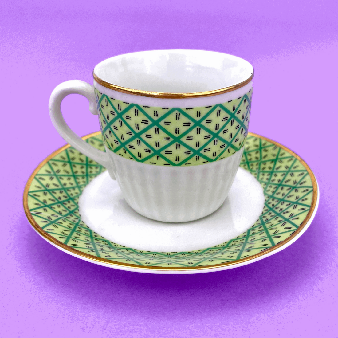 Green and Gold Espresso Cup and Saucer Set - Pair of 2 - Sunshine Thrift - Kitchenware