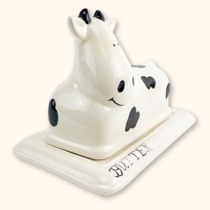 Hand Painted Ceramic Cow Butter Dish with Lid