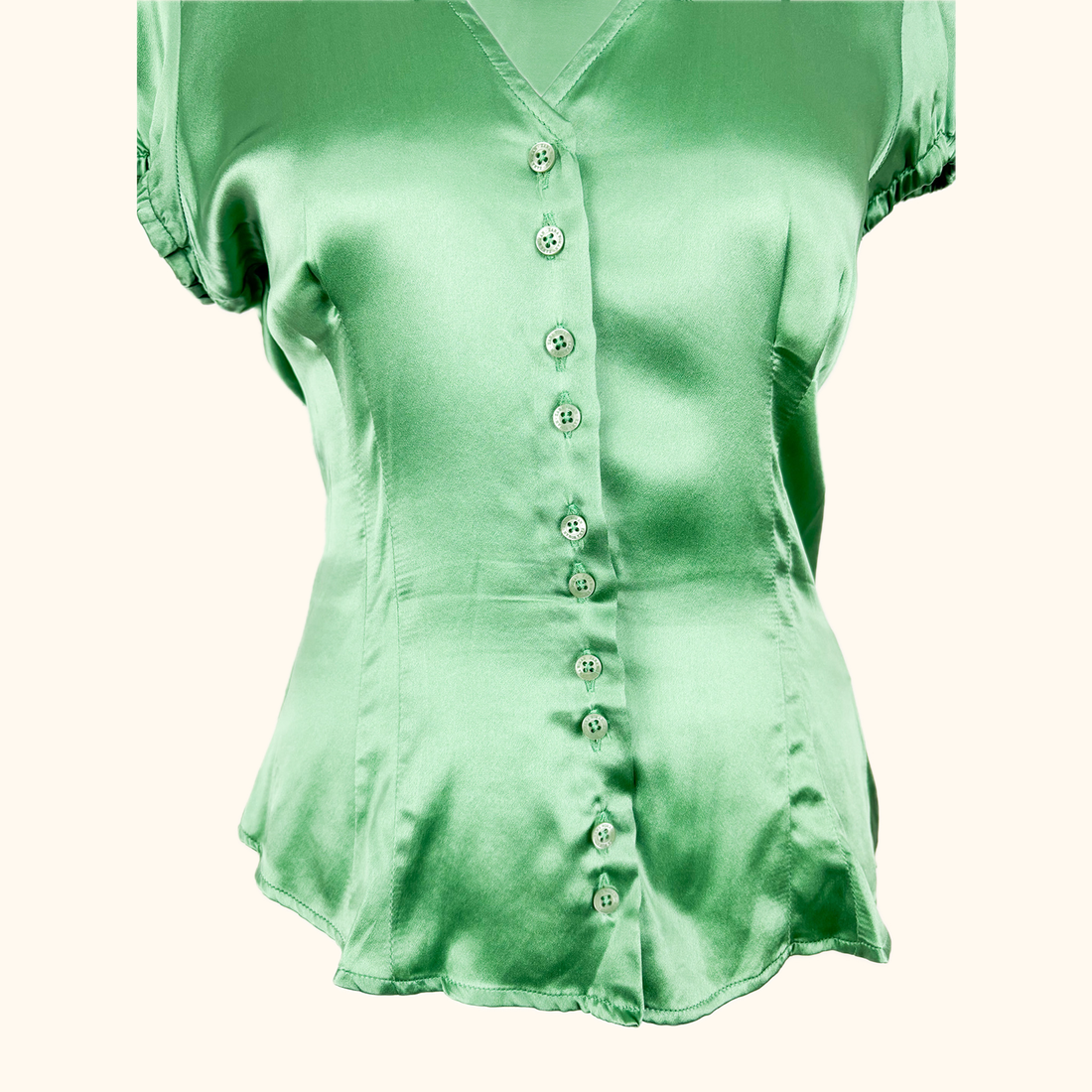 Zara Green Satin Short Sleeve Button Up Blouse - Size Medium Zara