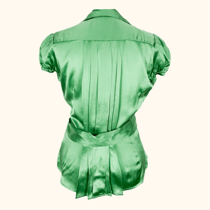 Zara Green Satin Short Sleeve Button Up Blouse - Size Medium Zara