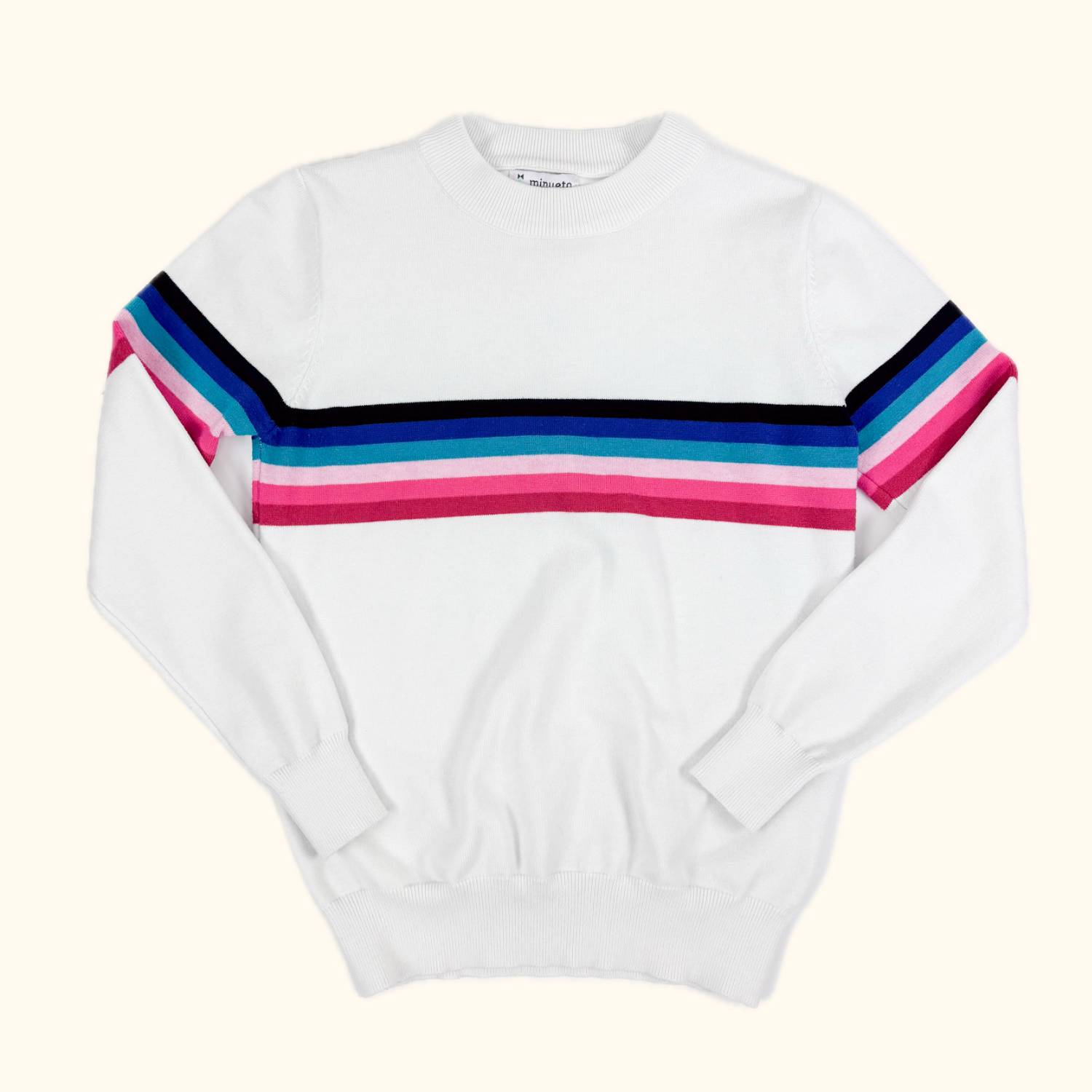 Minueto White Striped Fine Knit Jumper - Size Medium Minueto