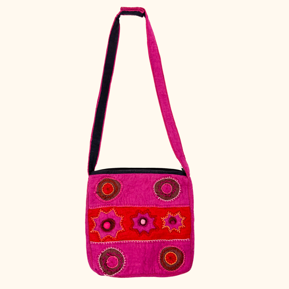 Nepal 100% Wool Felt Pink Boho Crossbody Bag Namaste