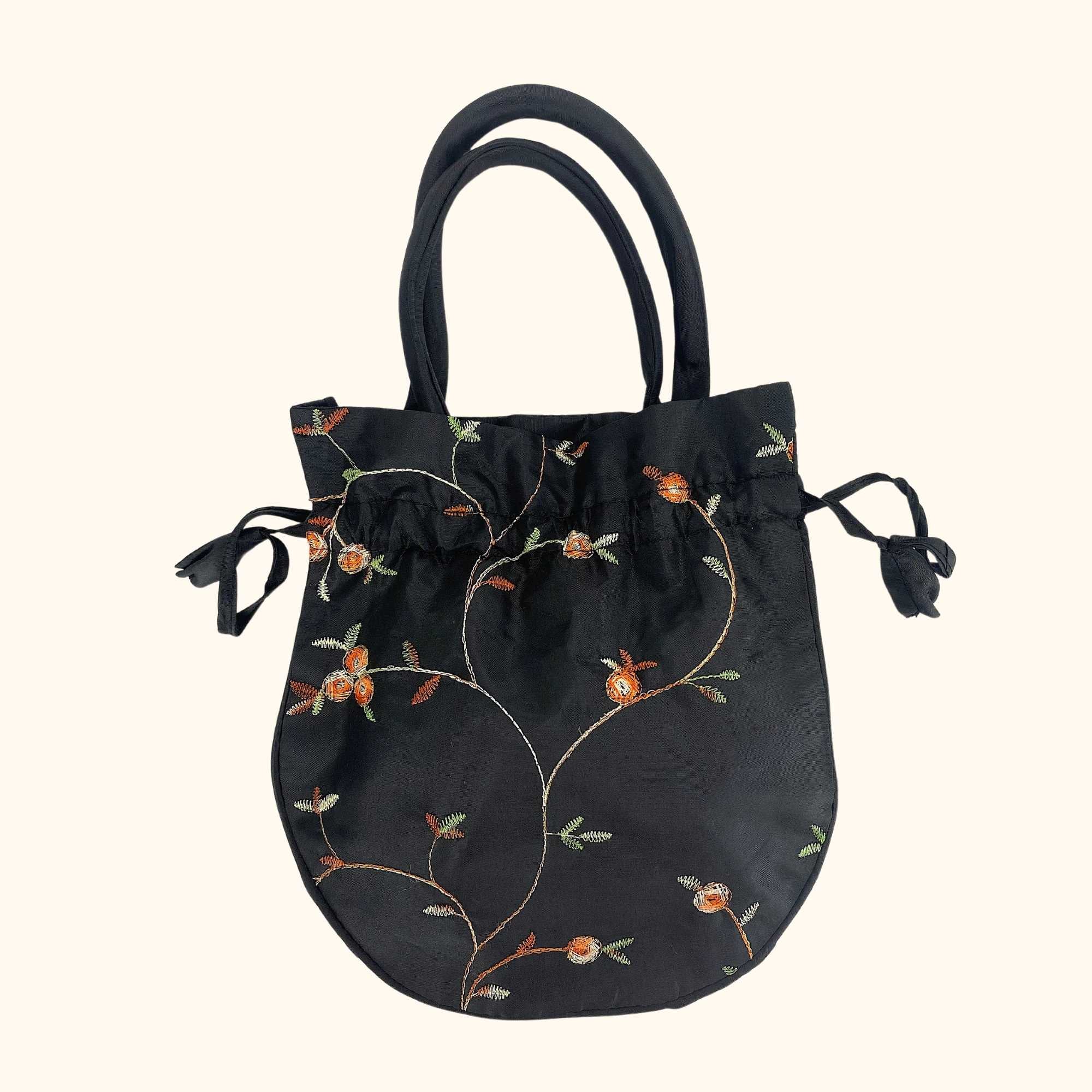 Drawstring Mini Floral Bag Black - Sunshine Thrift - Bags