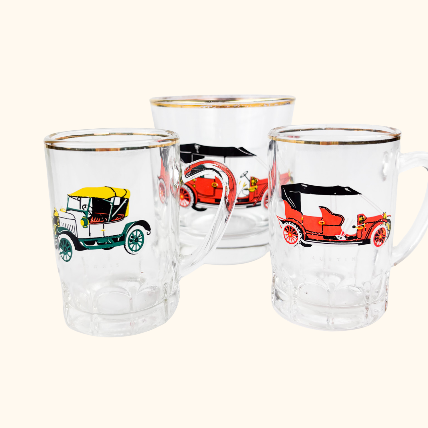 Vintage 1950s Classic Car Tumbler Glass and Shot Glass Set Sunshine Thrift