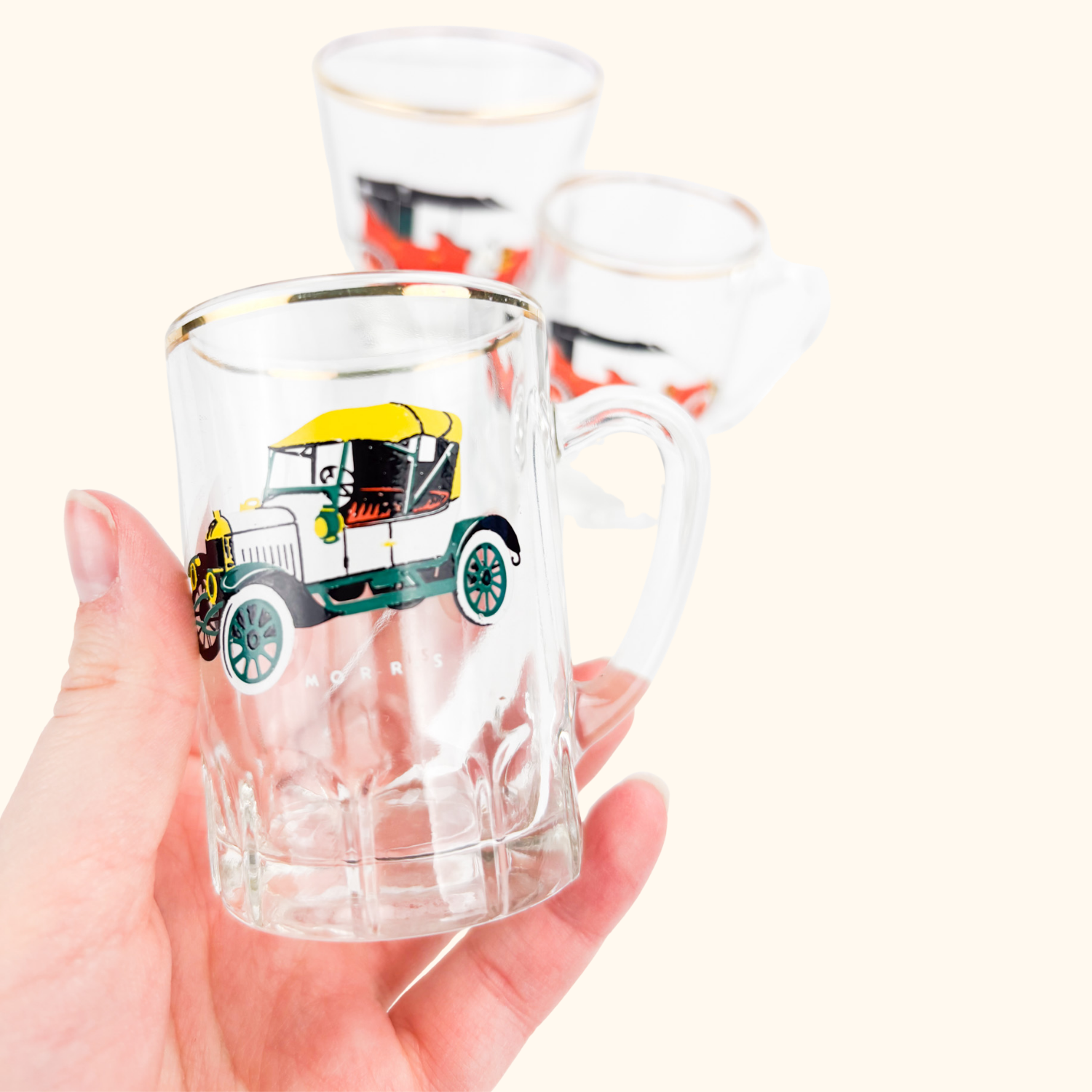 Vintage 1950s Classic Car Tumbler Glass and Shot Glass Set Sunshine Thrift