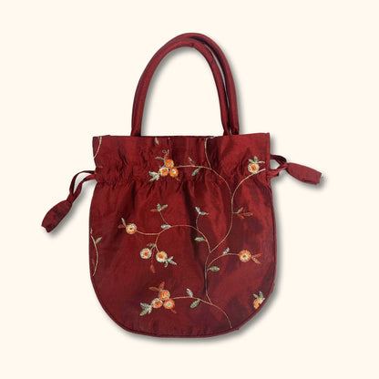 Drawstring Floral Bag Dark Red - Sunshine Thrift - Bags