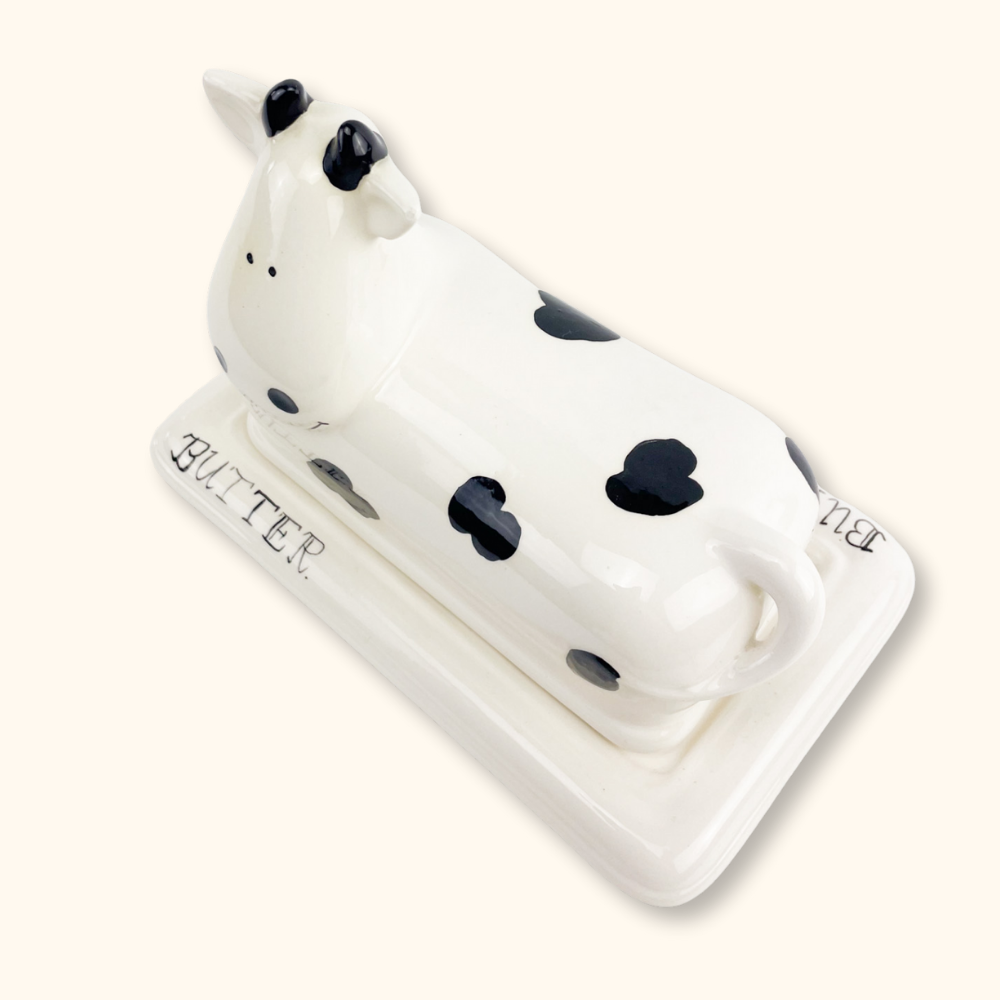 Hand Painted Ceramic Cow Butter Dish with Lid