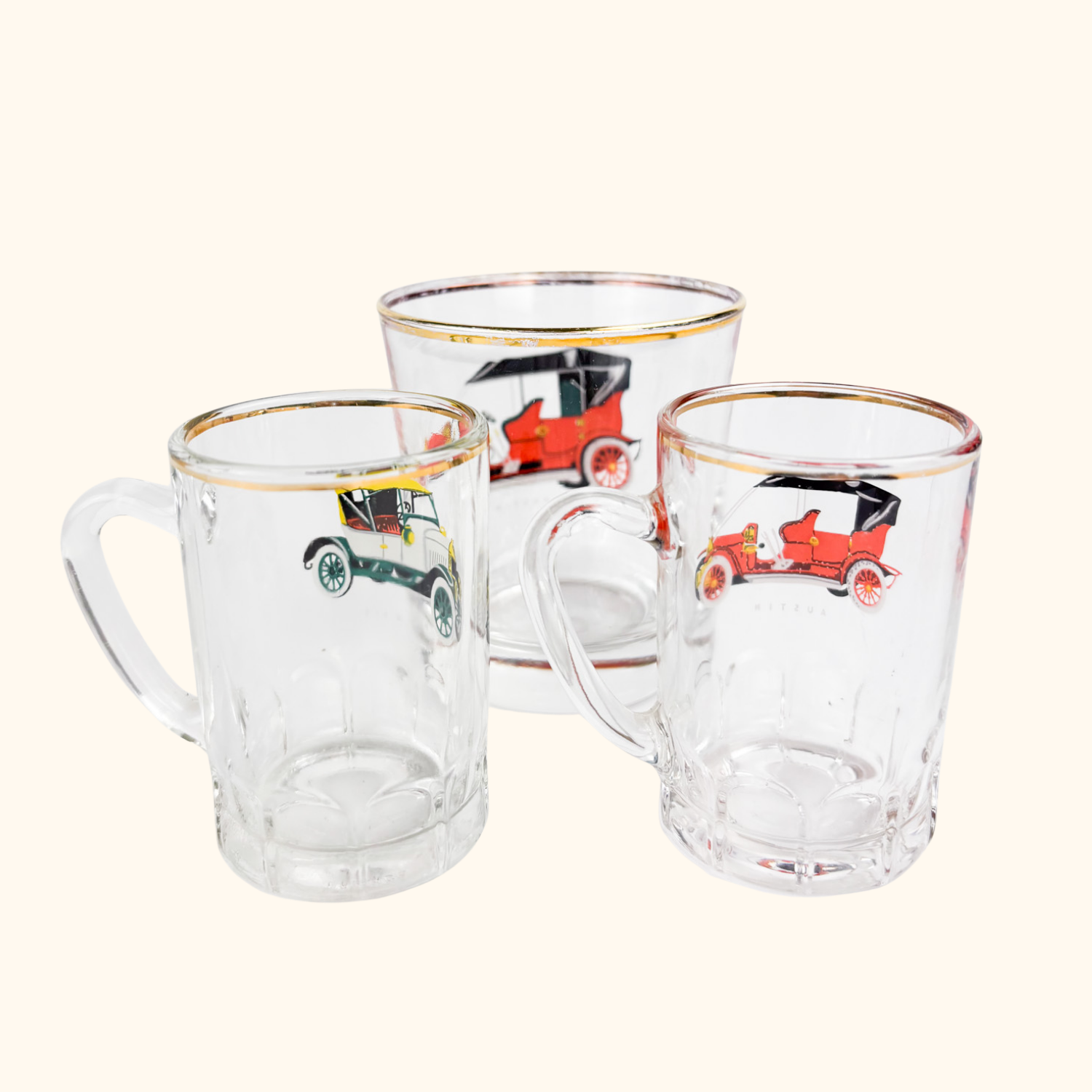 Vintage 1950s Classic Car Tumbler Glass and Shot Glass Set Sunshine Thrift