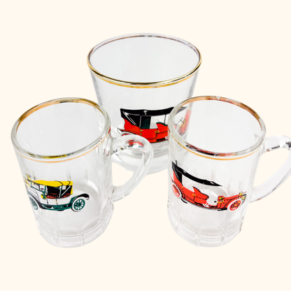 Vintage 1950s Classic Car Tumbler Glass and Shot Glass Set Sunshine Thrift