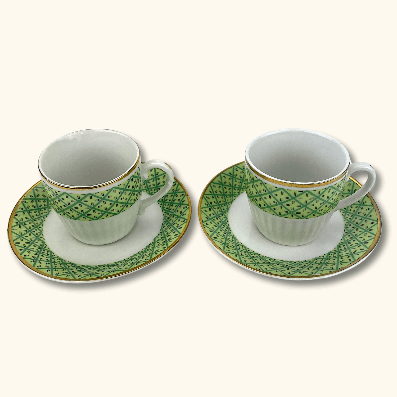 Green and Gold Espresso Cup and Saucer Set - Pair of 2 - Sunshine Thrift - Kitchenware
